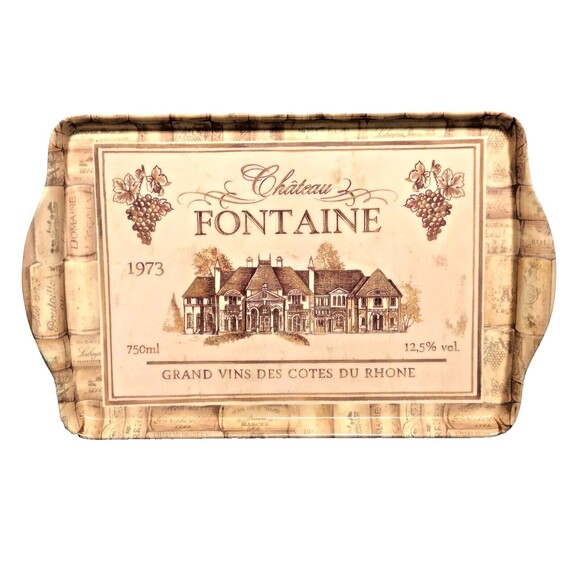 Chateau Fontaine Serving Tray Winery Grape Decor Melamine Brown on Beige Handle - Picture 1 of 5